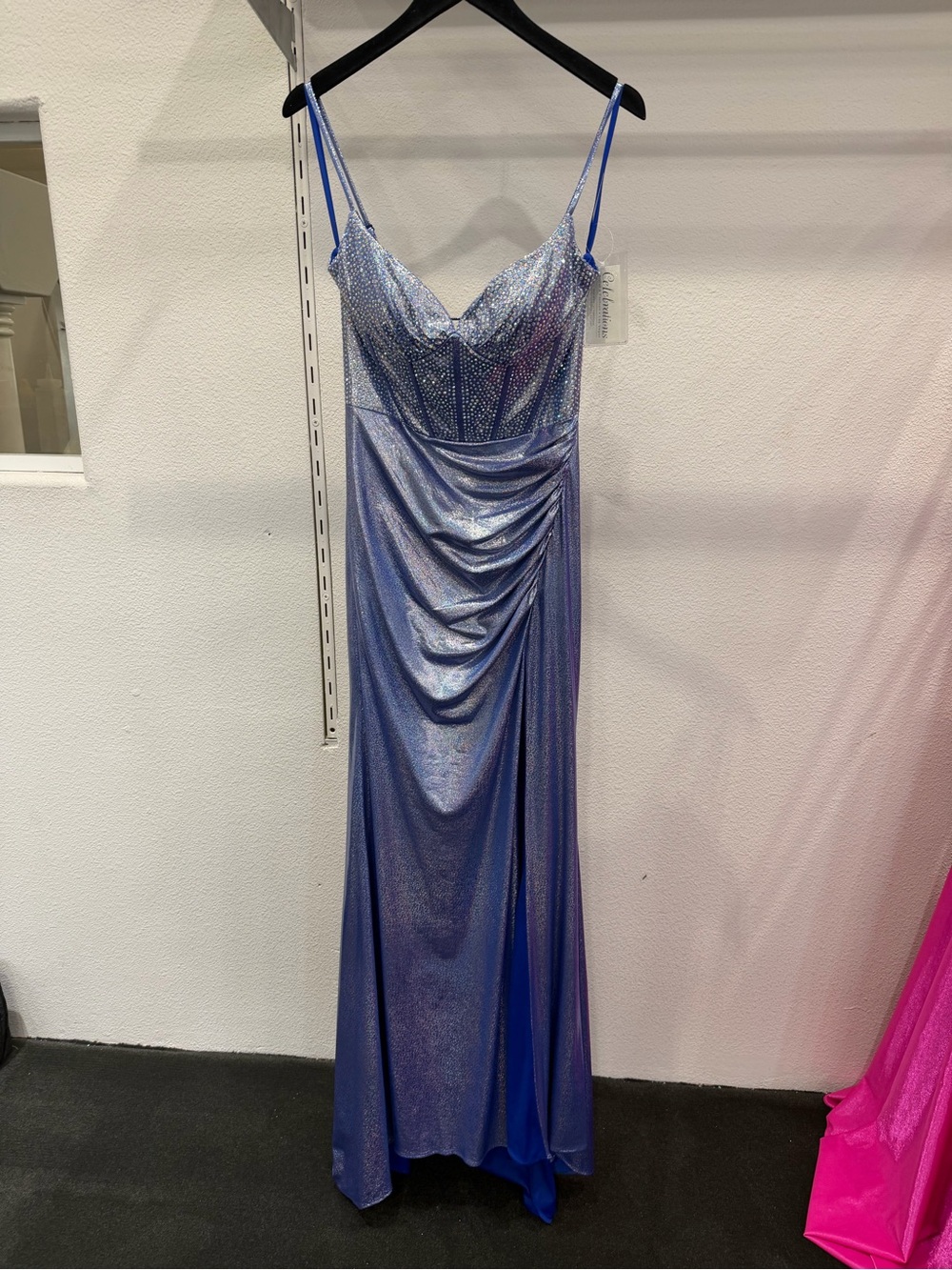Shimmery Blue Spaghetti-Strap Evening Dress
